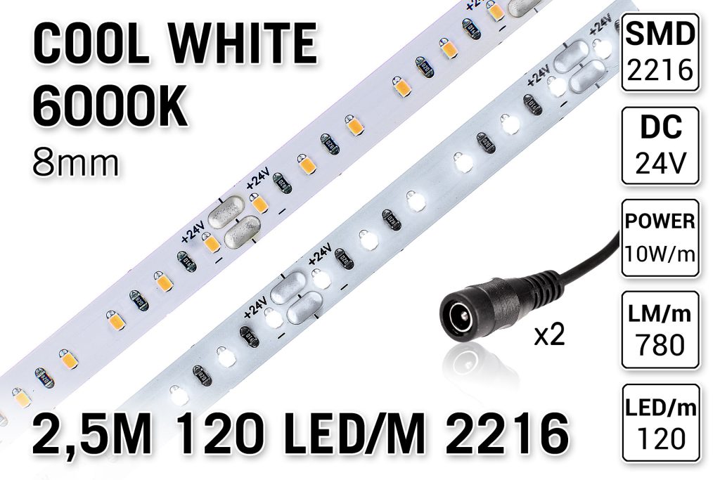 AppLamp ProLine PRO LINE 6000K Koud Wit Led Strip | 2,5m 120 Leds pm Type 2216 24V Losse Strip