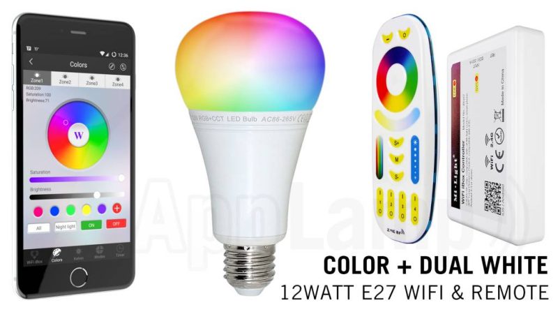 Mi·Light E27 RGB+Dual White 12 Watt Wi-Fi LED lampen. Complete set met Wifi Box en Remote!