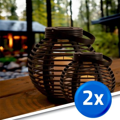 Set van twee stuks solar lantaarn basket small en medium rotanlook lamp op zonne energie