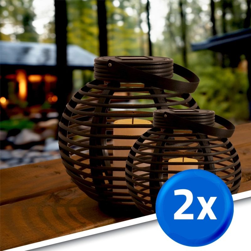 Set van twee stuks solar lantaarn basket small en medium rotanlook lamp op zonne energie