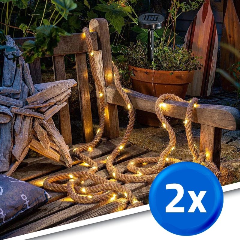 Solar lichtsnoer manilla met 60 warm witte leds - 4,5 meter - voordeelset 2 stuks