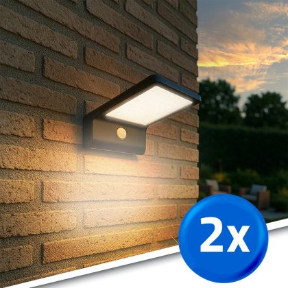 Solar wandlamp slim met 36 leds en bewegingsmelder zwart op zonne energie voordeelset van 2 stuks