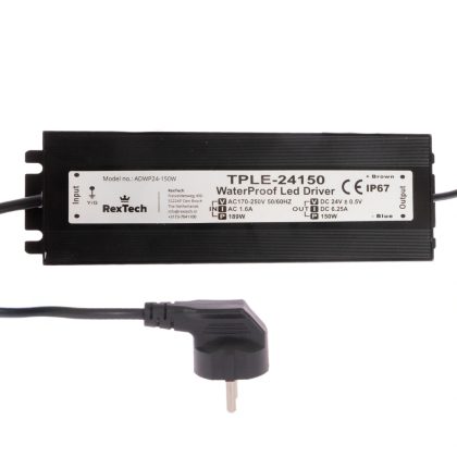 150 watt - 24v / 6.25a waterdichte adapter voor led strips