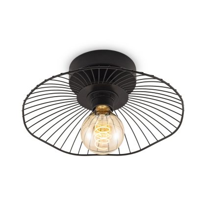 Industriële plafondlamp - Metalen Lampenkap - Paraplu - Zwart - Ø30 x 11 cm - E27 fitting - Voor gebruik in slaapkamers en werkkamers - Hoogte lampenkap: 3.5 cm