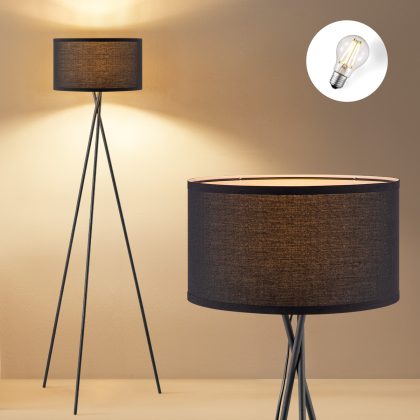 Moderne Vloerlamp - Zwarte Stoffen Lampenkap en Metalen Staande lamp - 53/53/138 cm - Inclusief LED E27 Lichtbron 4W 806Lm - voor Woonkamer en Slaapkamer - Met Voetschakelaar