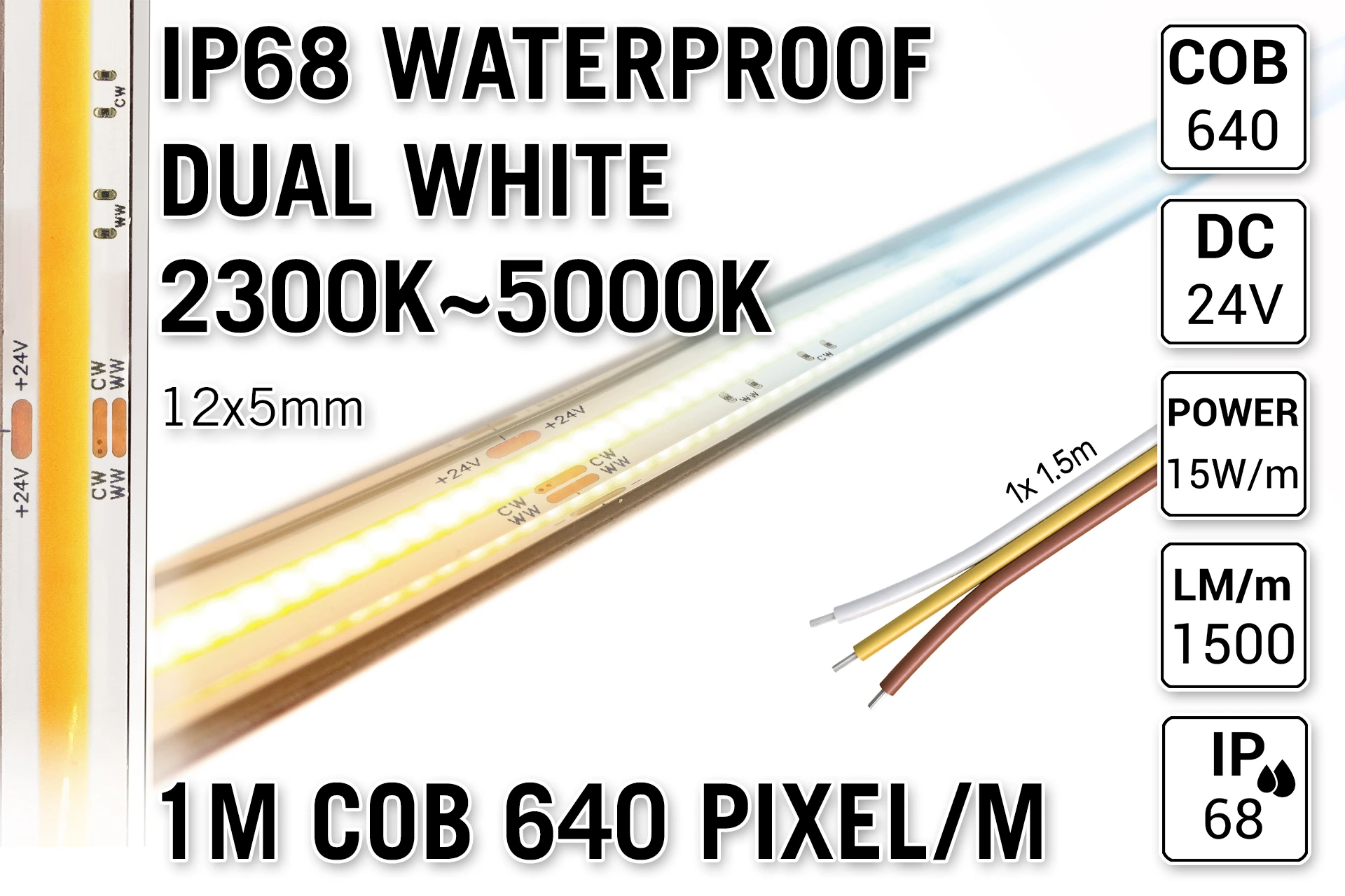 AppLamp ProLine 1m IP68 PRO LINE COB Dual Wit 2300K~5000K CCT Led Strip | COB 640 Pixels pm 24V - Losse Strip