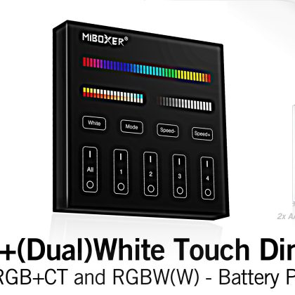 Mi·Light Zwarte MiLight RGB+ DualWhite (RGB+CT) Touch Wandbediening Opbouw, 4-zones, RF, 2xAAA